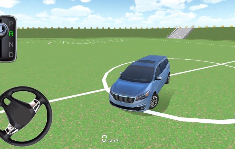 Blue minivan parked on a grassy field with virtual driving controls visible