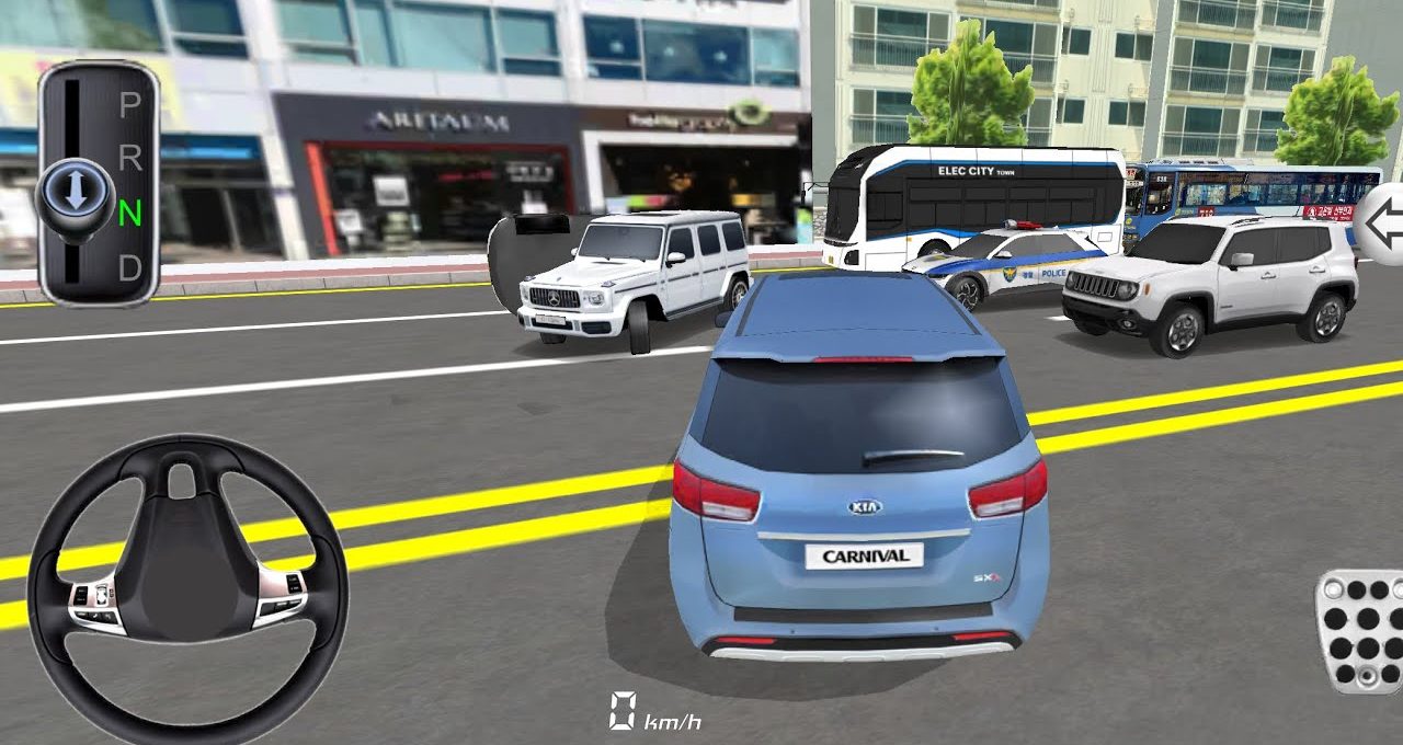 Blue Kia Carnival minivan driving past stopped SUVs, police car, and bus on street