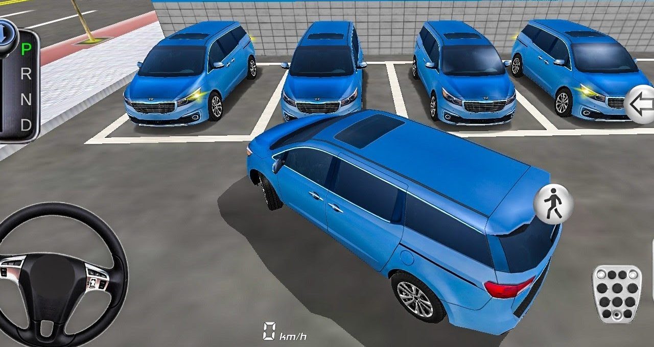 Blue minivan reversing into a parking lot surrounded by similar blue parked minivans