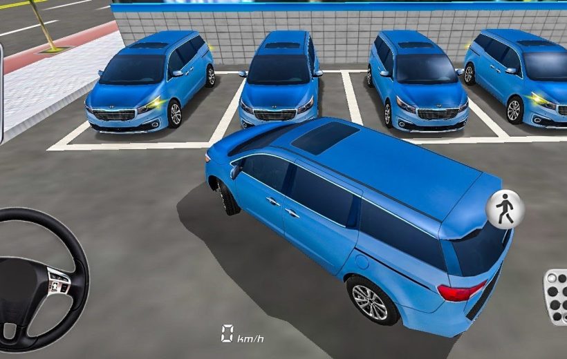 Blue minivan reversing into a parking lot surrounded by similar blue parked minivans