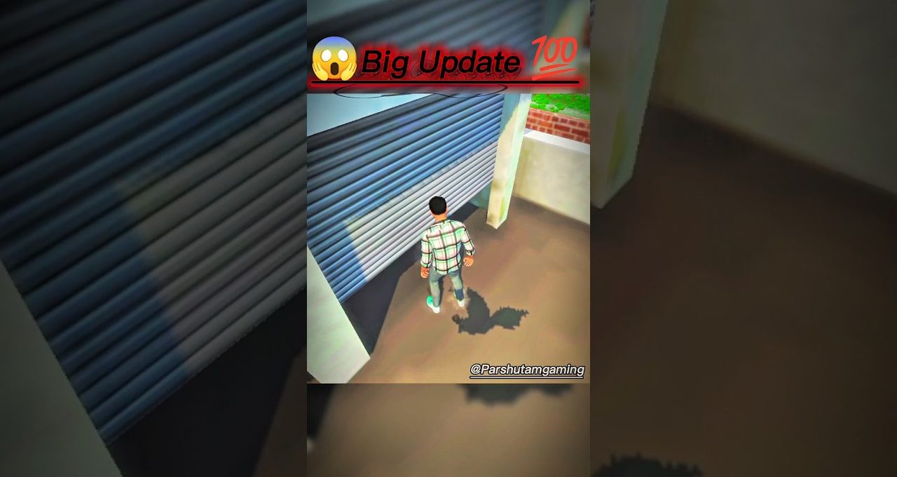 Third-person game character standing before a closed garage door in courtyard scene