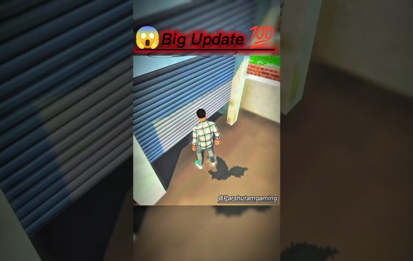 Third-person game character standing before a closed garage door in courtyard scene