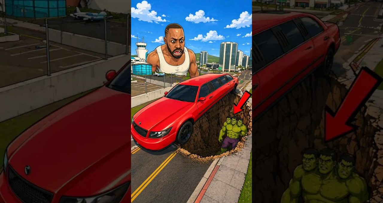 Red limousine trapped over a deep road crater revealing three green hulking figures below