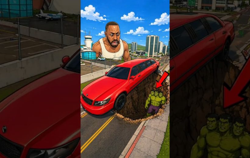 Red limousine trapped over a deep road crater revealing three green hulking figures below
