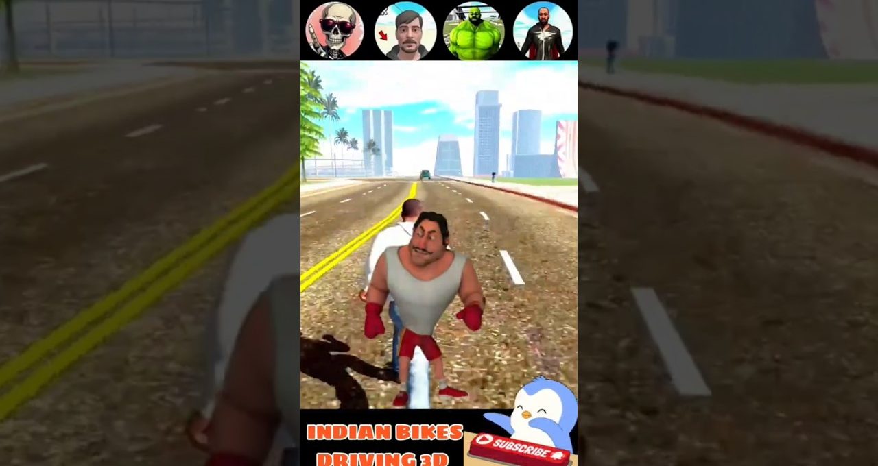 Cartoonish biker riding on city road with bulky character standing on the bike