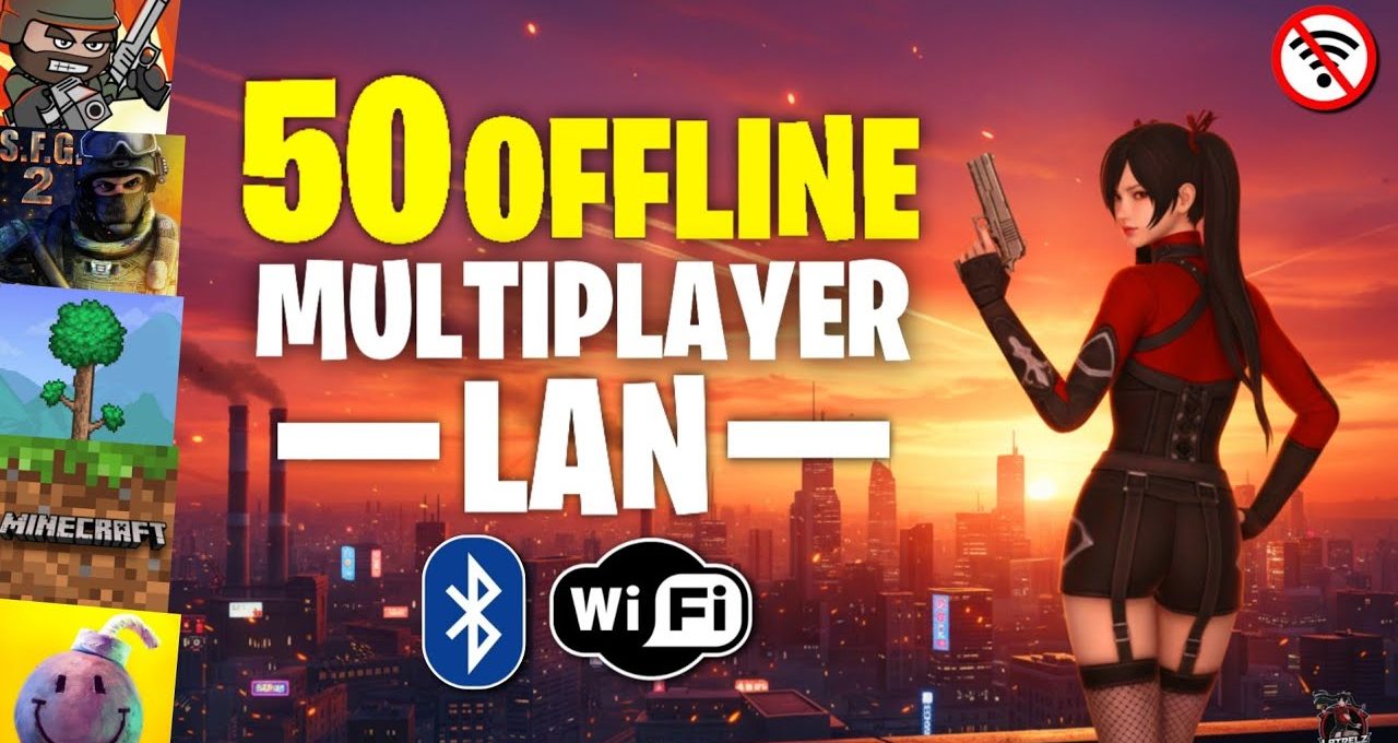Female character with pistol overlooking city sunset beside bold text "50 Offline Multiplayer LAN"