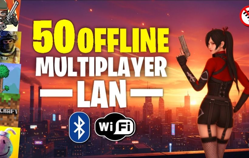 Female character with pistol overlooking city sunset beside bold text "50 Offline Multiplayer LAN"