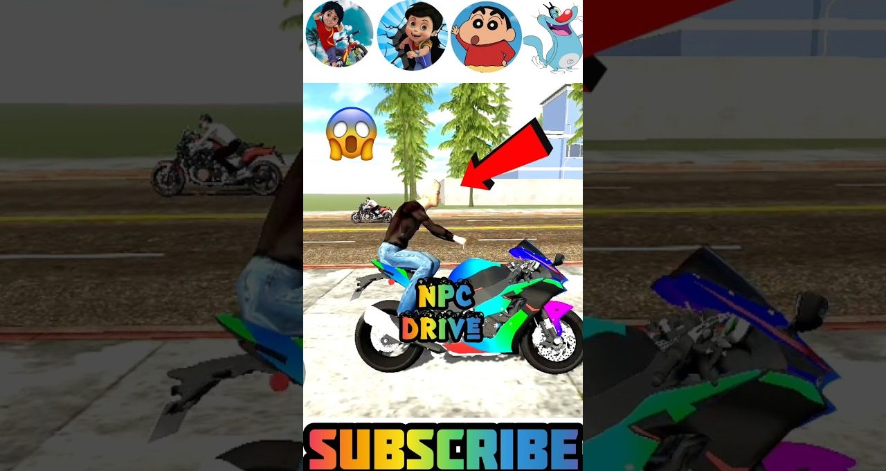 Animated motorcyclist riding a colorful sportbike with "NPC Drive" text and arrow pointing