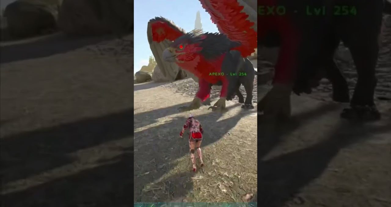 Player character approaching a large red and black griffin-like creature labeled "Apexo" level 254