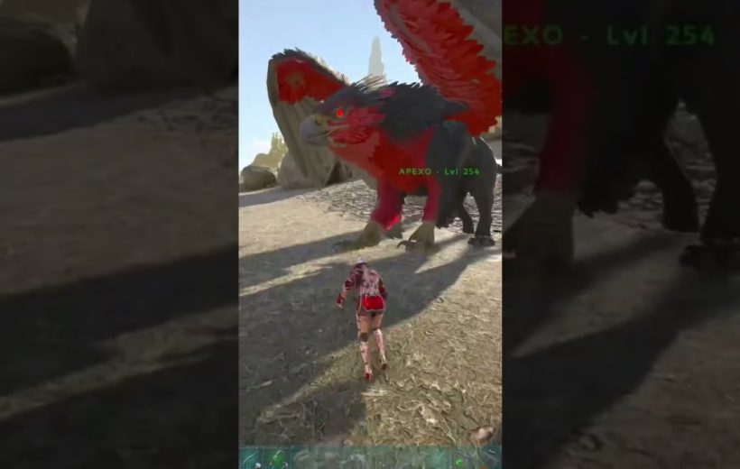 Player character approaching a large red and black griffin-like creature labeled "Apexo" level 254