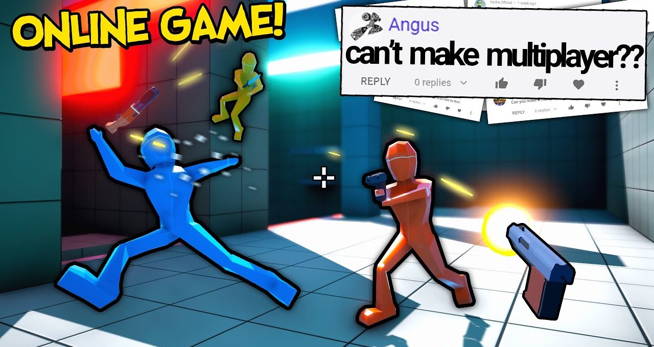 Stylized multiplayer shooter scene with blue and red stick figures firing weapons indoors