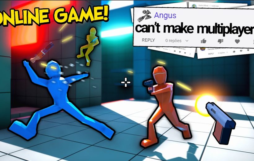 Stylized multiplayer shooter scene with blue and red stick figures firing weapons indoors