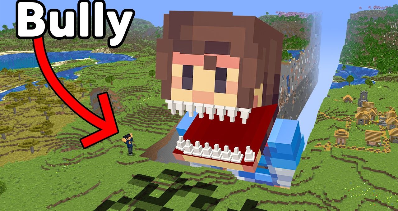 Minecraft scene showing a giant pixelated bully head with open mouth threatening player
