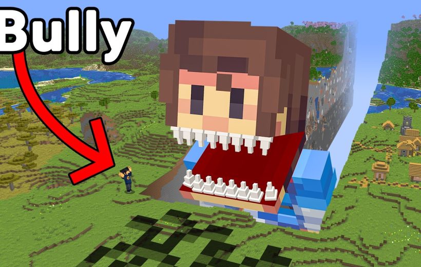 Minecraft scene showing a giant pixelated bully head with open mouth threatening player