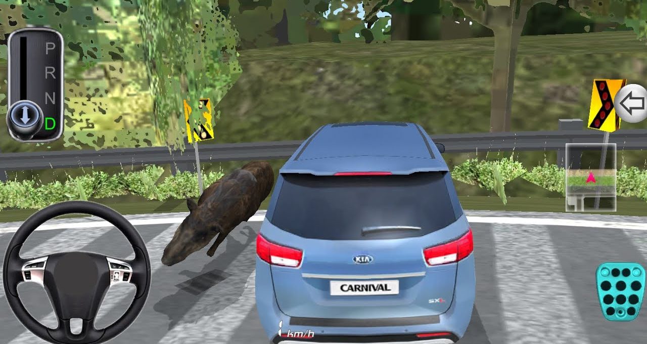 Blue Kia Carnival car on road with wild boar crossing near guardrail.