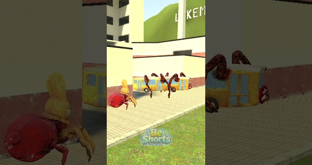 Cartoonish crabs crawling around a yellow school bus in a sunlit courtyard