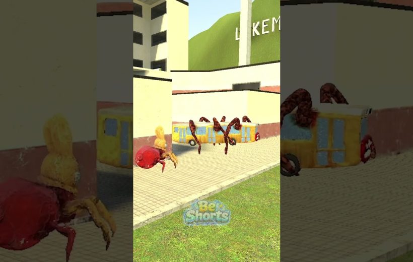 Cartoonish crabs crawling around a yellow school bus in a sunlit courtyard