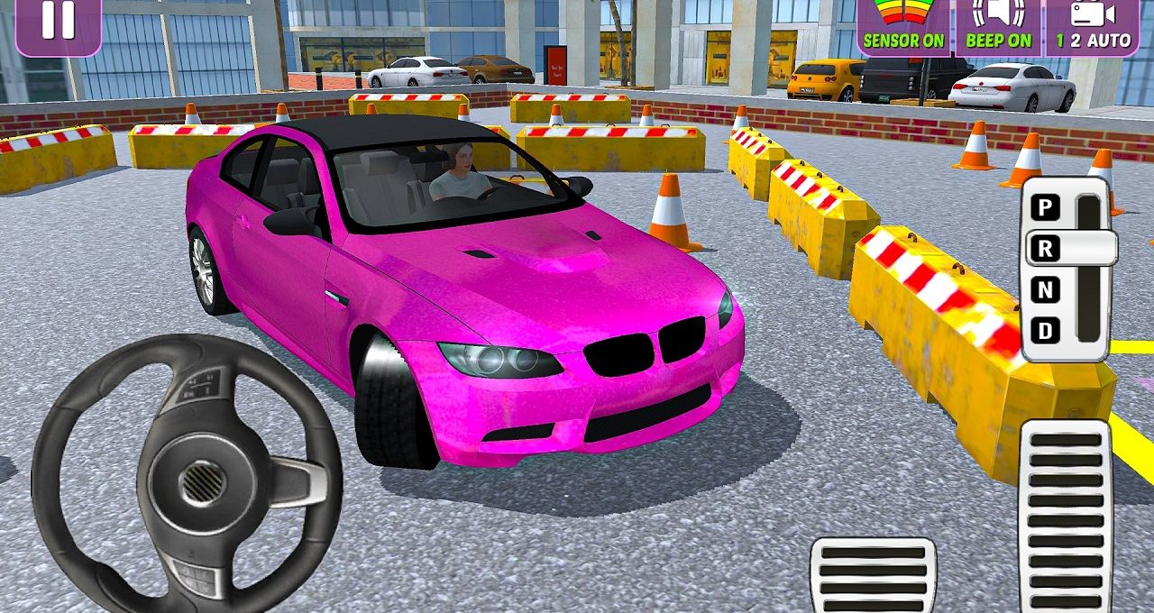 Pink sports car parked in a driving course with cones and concrete barriers