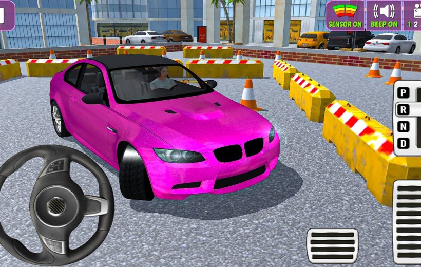 Pink sports car parked in a driving course with cones and concrete barriers