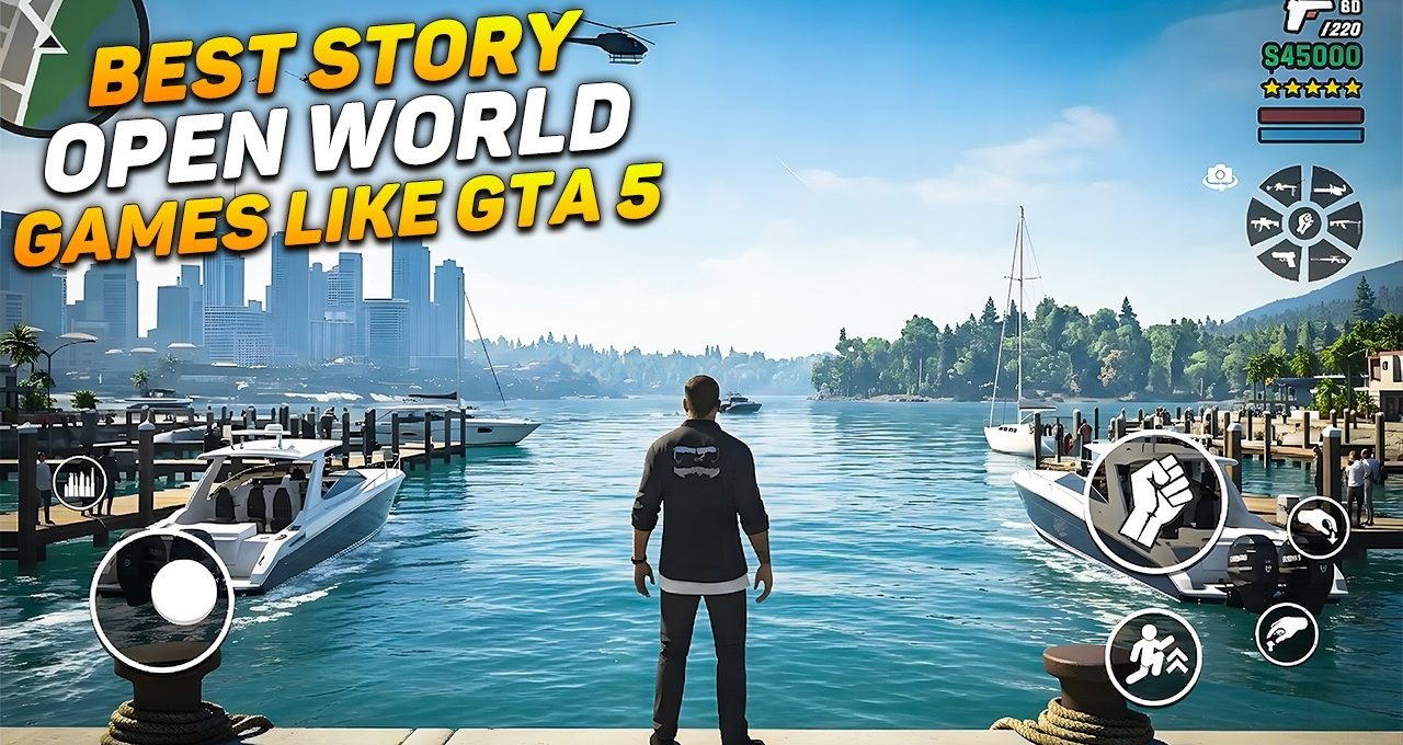 Player character standing on a marina dock overlooking boats and a city skyline