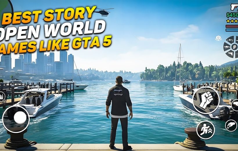 Player character standing on a marina dock overlooking boats and a city skyline