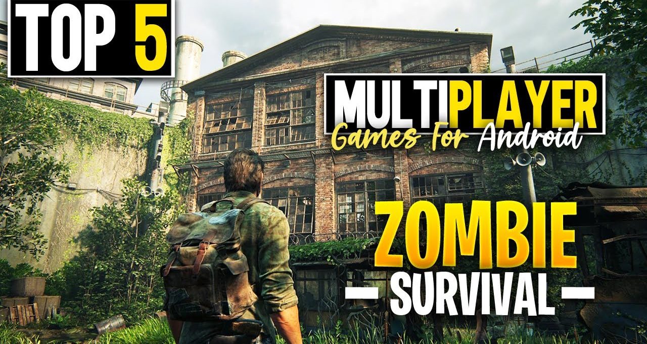 Backpack-wearing survivor stands before overgrown abandoned building with bold "Zombie Survival" text