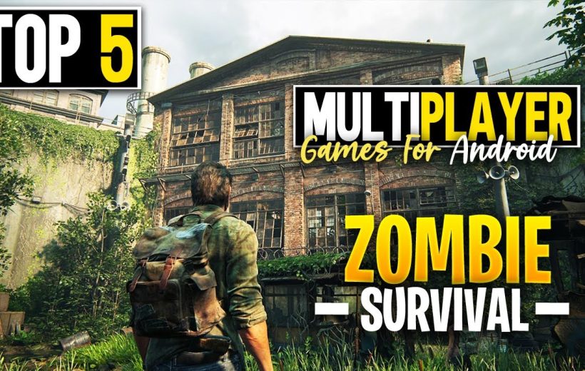 Backpack-wearing survivor stands before overgrown abandoned building with bold "Zombie Survival" text
