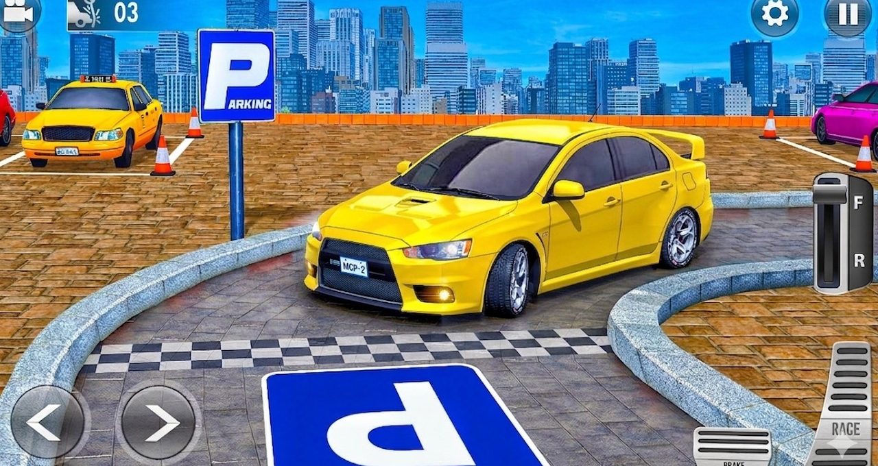 Yellow sports sedan parked in a rooftop city parking lot near a P sign