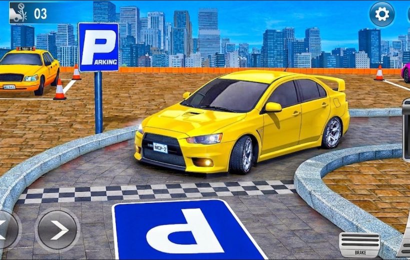 Yellow sports sedan parked in a rooftop city parking lot near a P sign
