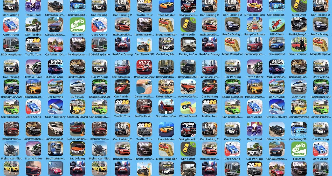 Grid of many small mobile car game app icons displayed on a blue background