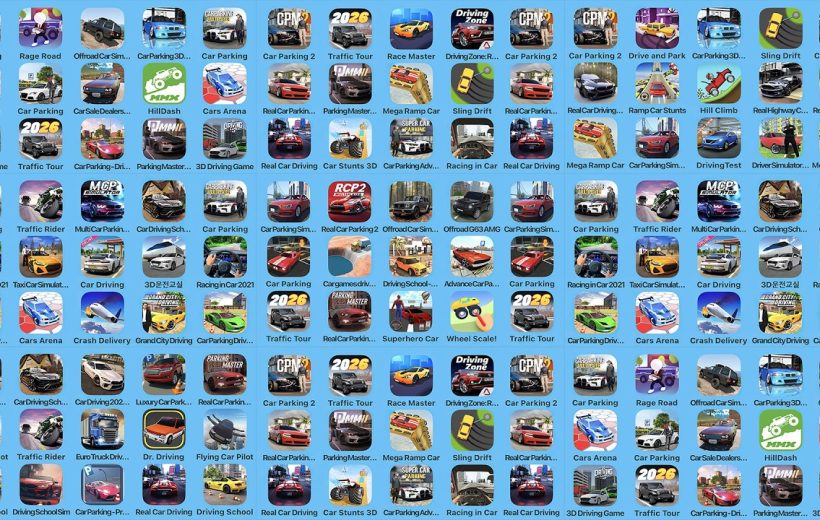 Grid of many small mobile car game app icons displayed on a blue background