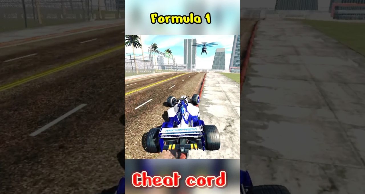 Blue Formula 1 car driving on city street with helicopter overhead and sidewalk nearby