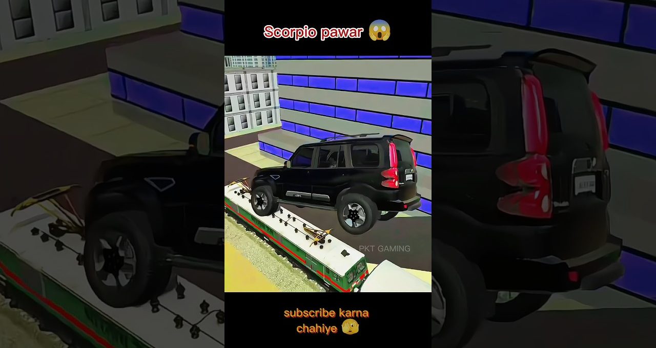 Black SUV teetering on rooftop edge above a stationary tram in urban setting.