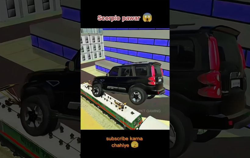 Black SUV teetering on rooftop edge above a stationary tram in urban setting.