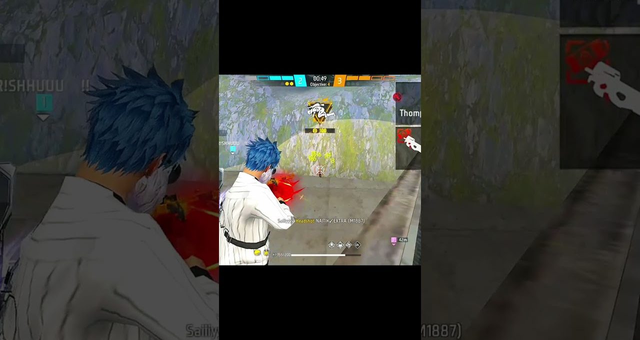 Blue-haired game character firing a pistol at an opponent in a narrow corridor