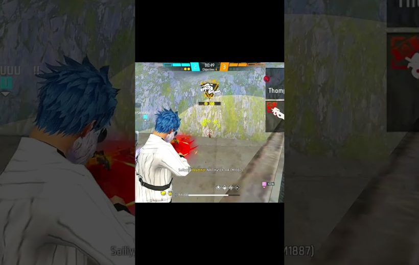 Blue-haired game character firing a pistol at an opponent in a narrow corridor