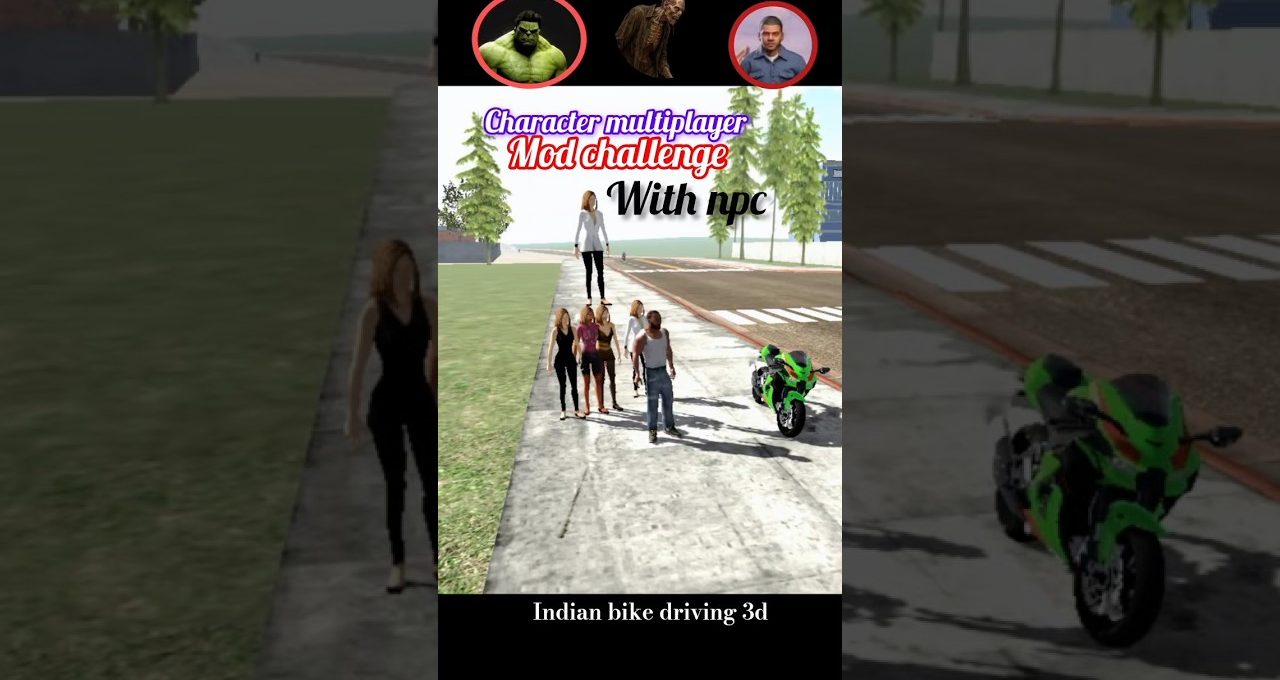 Group of game characters walking beside a green sport motorcycle on a sidewalk