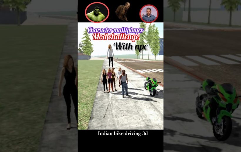 Group of game characters walking beside a green sport motorcycle on a sidewalk