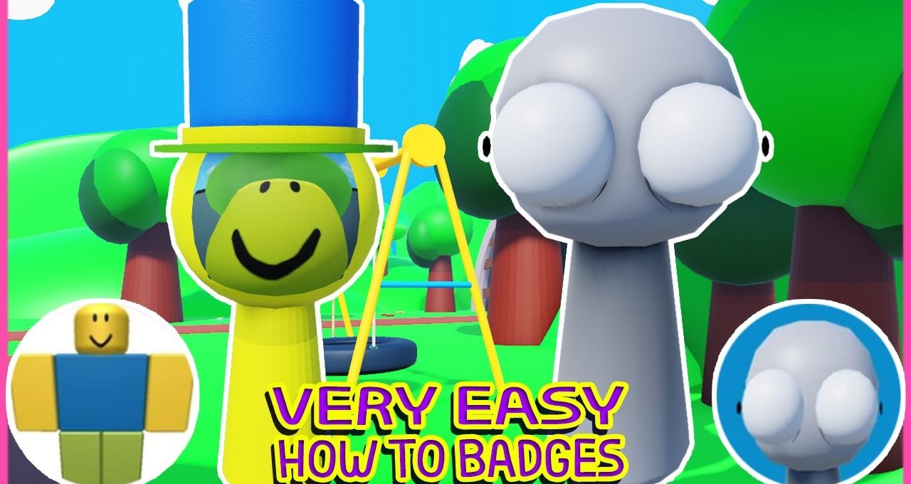 Colorful Roblox characters at a playground with text "Very Easy How to Badges"