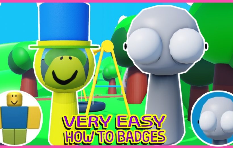 Colorful Roblox characters at a playground with text "Very Easy How to Badges"