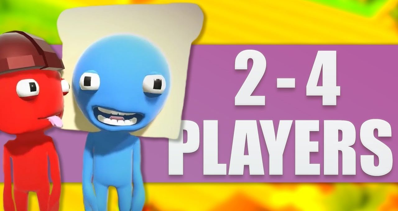 Two cartoon characters beside bold text reading "2-4 players" on colorful background
