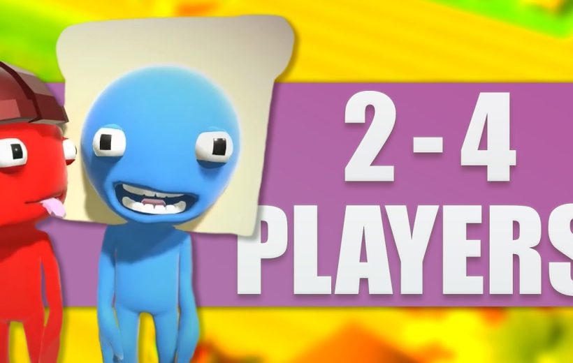 Two cartoon characters beside bold text reading "2-4 players" on colorful background
