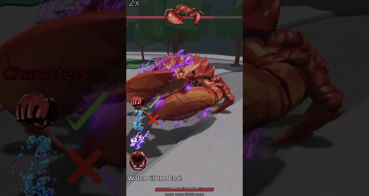 Giant red crab boss with glowing purple energy attacking in a park-like arena.