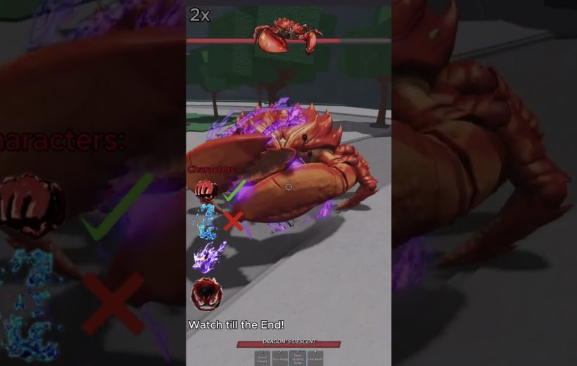 Giant red crab boss with glowing purple energy attacking in a park-like arena.