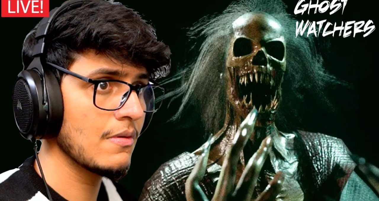 Young man wearing headphones reacting to a snarling skeletal ghost figure behind him