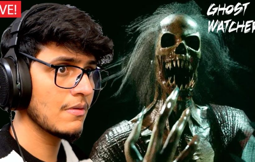 Young man wearing headphones reacting to a snarling skeletal ghost figure behind him