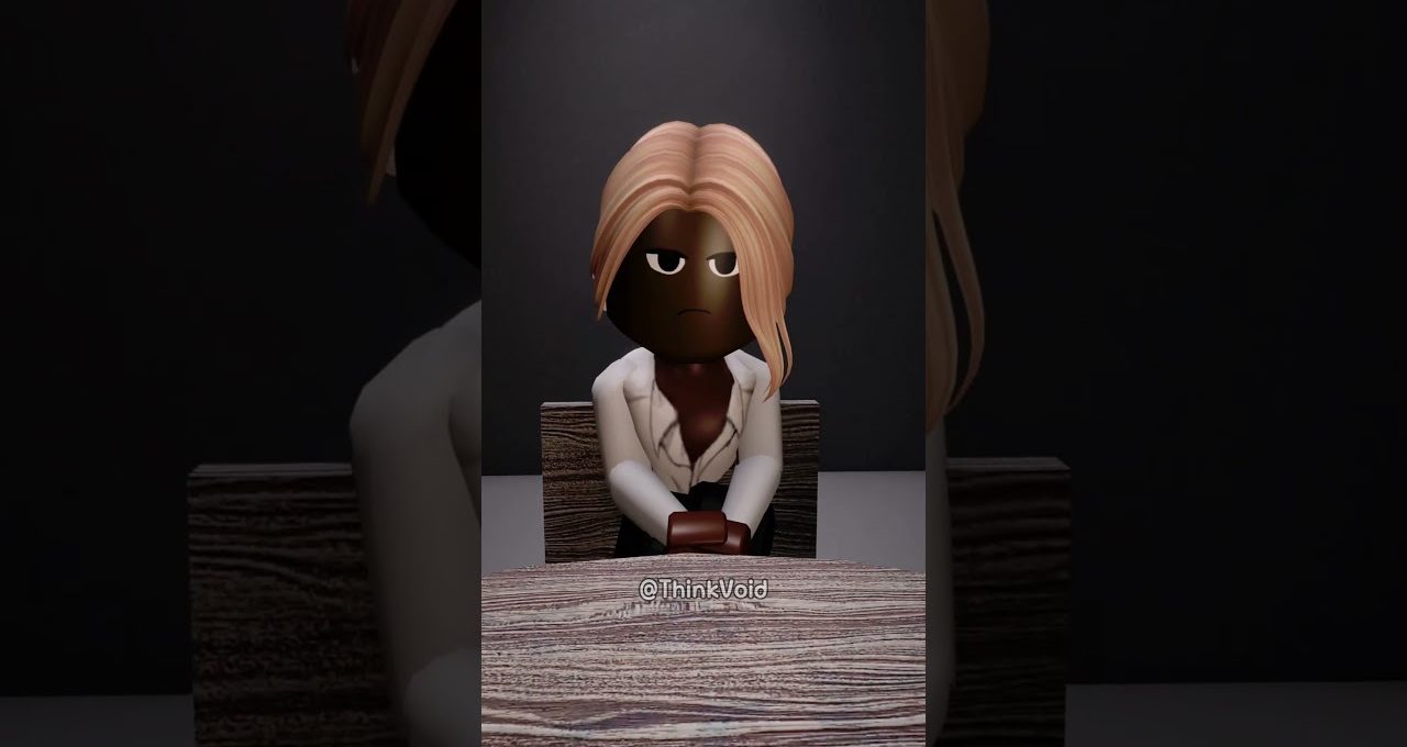 Serious animated character with blonde hair sitting at a wooden table, arms crossed