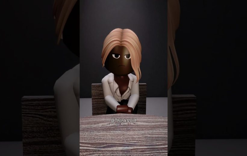 Serious animated character with blonde hair sitting at a wooden table, arms crossed