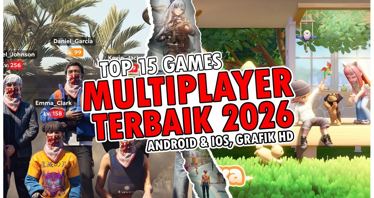 Bold thumbnail collage announcing "Top 15 Multiplayer Terbaik 2026" with game characters.