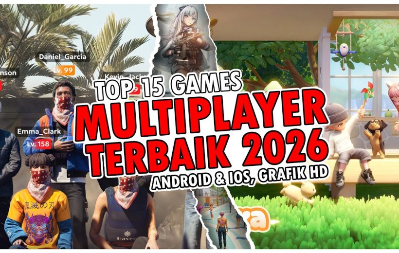 Bold thumbnail collage announcing "Top 15 Multiplayer Terbaik 2026" with game characters.